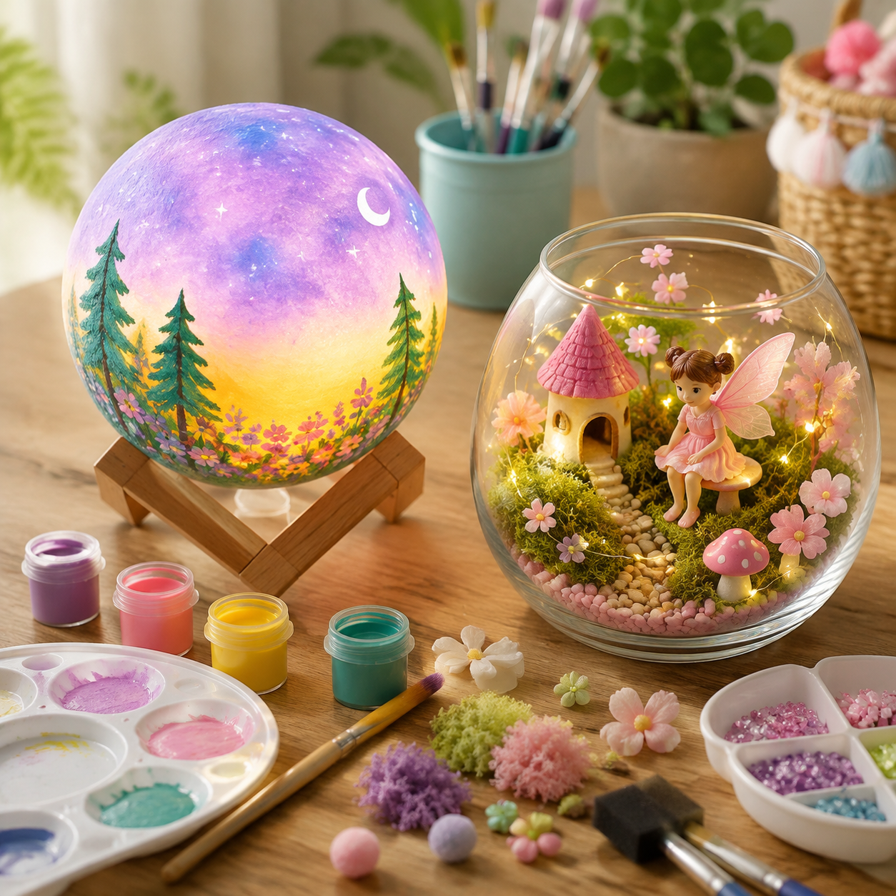 A painted moon lamp and light-up fairy terrarium activity