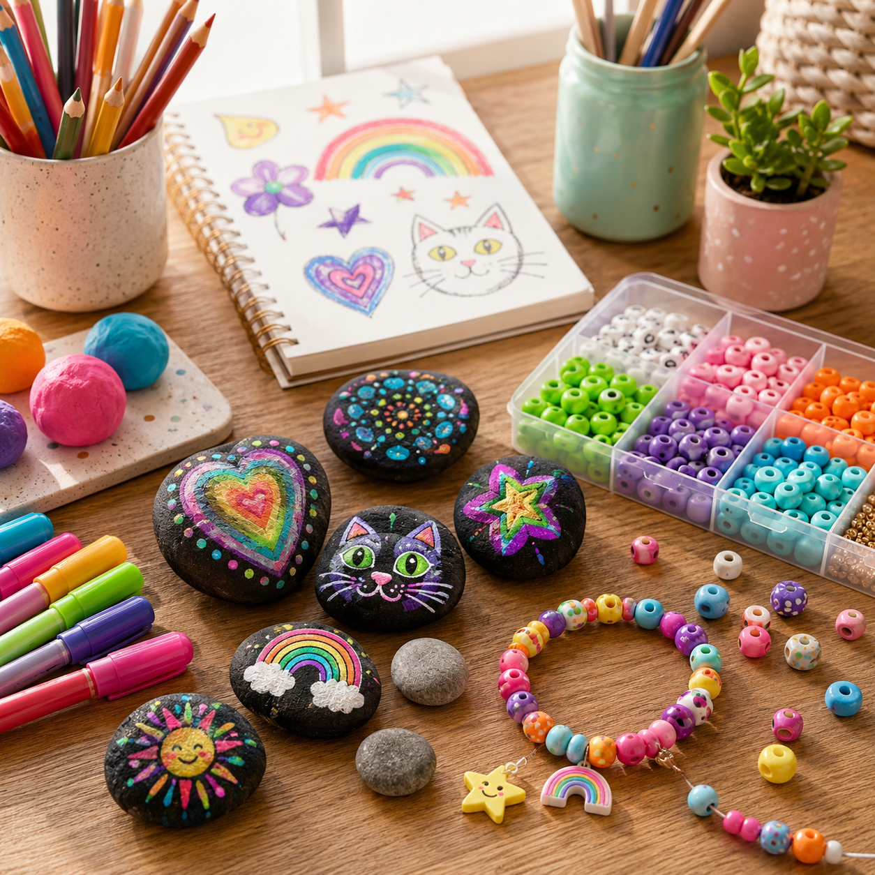 Colorful rock painting, drawing, and bracelet-making activities